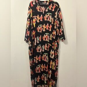 Natori XL Black Geisha Caftan/Kimono Zip Up Long Sleeve Elegant Graceful Satin